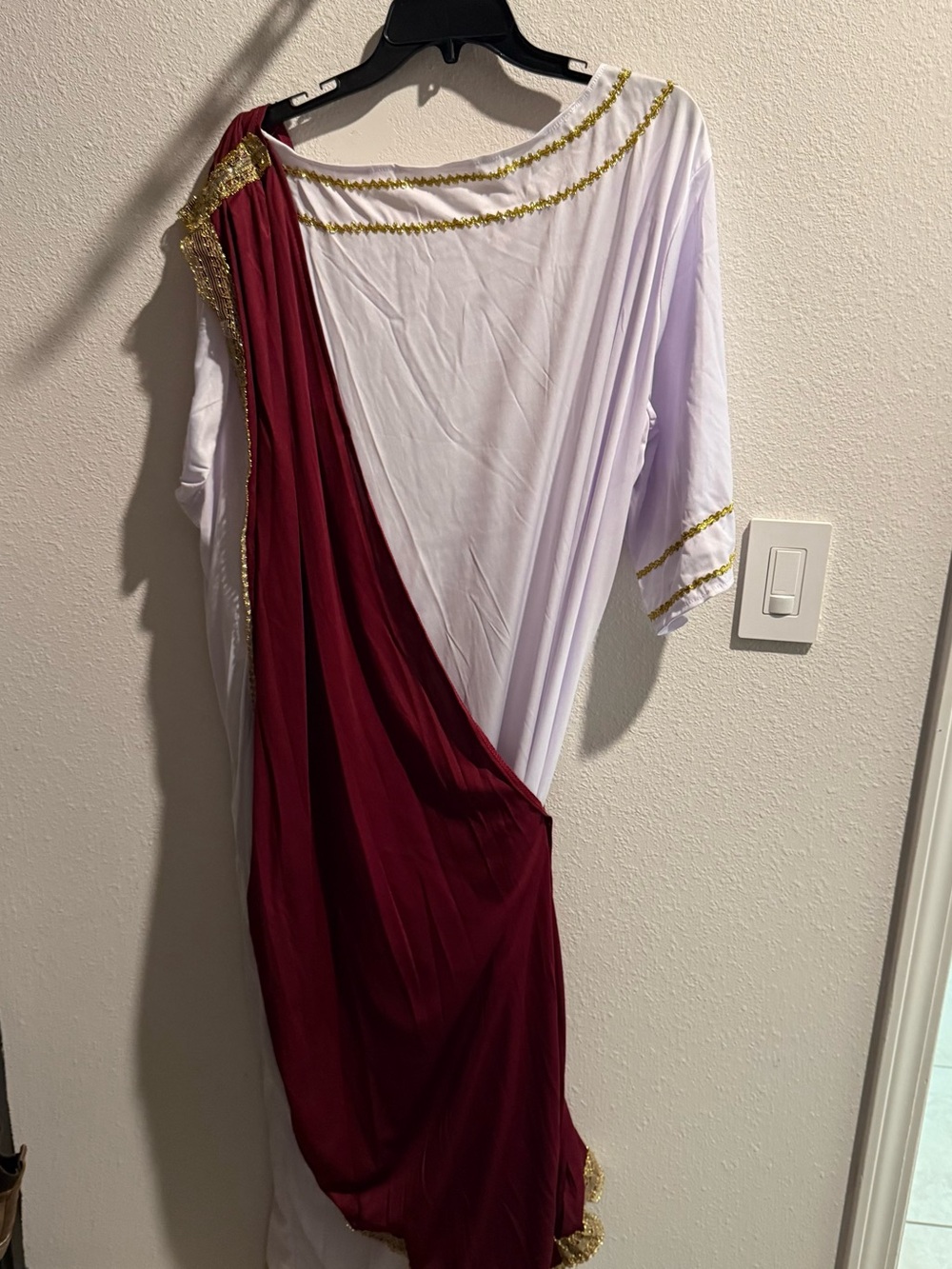 Mens White and Burgundy Draped Roman Emperor Costume Dress with Gold Trim